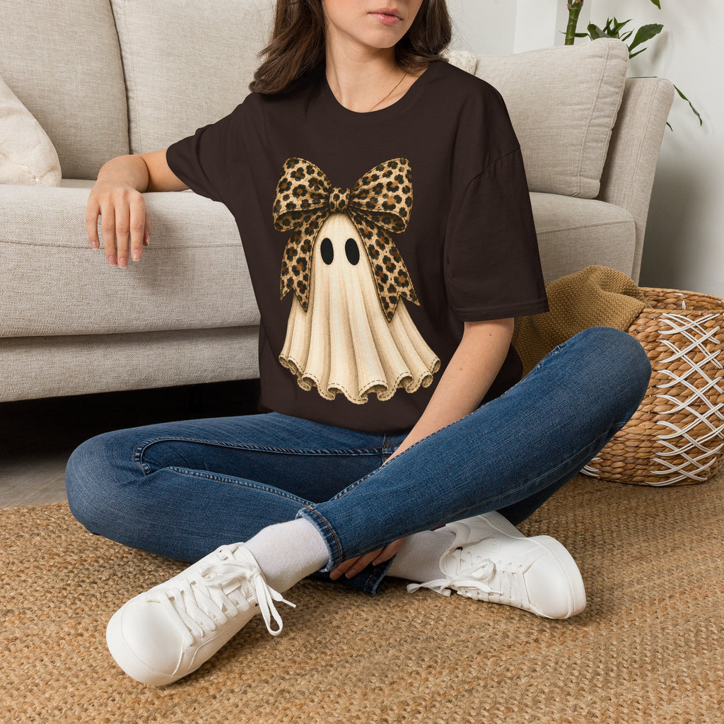 Ghost with Leopard Bow T-Shirt — Cute Halloween Shirt