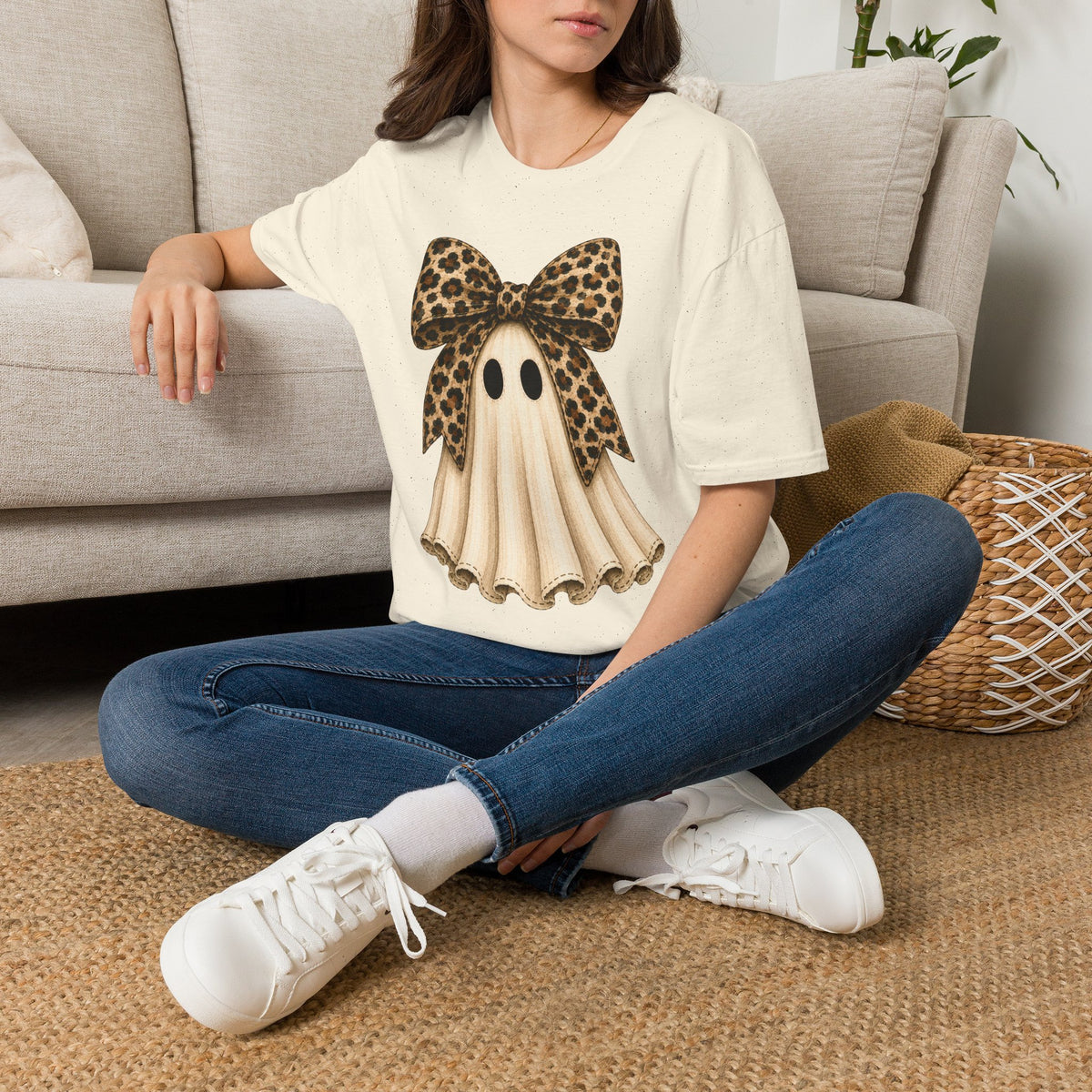 Ghost with Leopard Bow T-Shirt — Cute Halloween Shirt