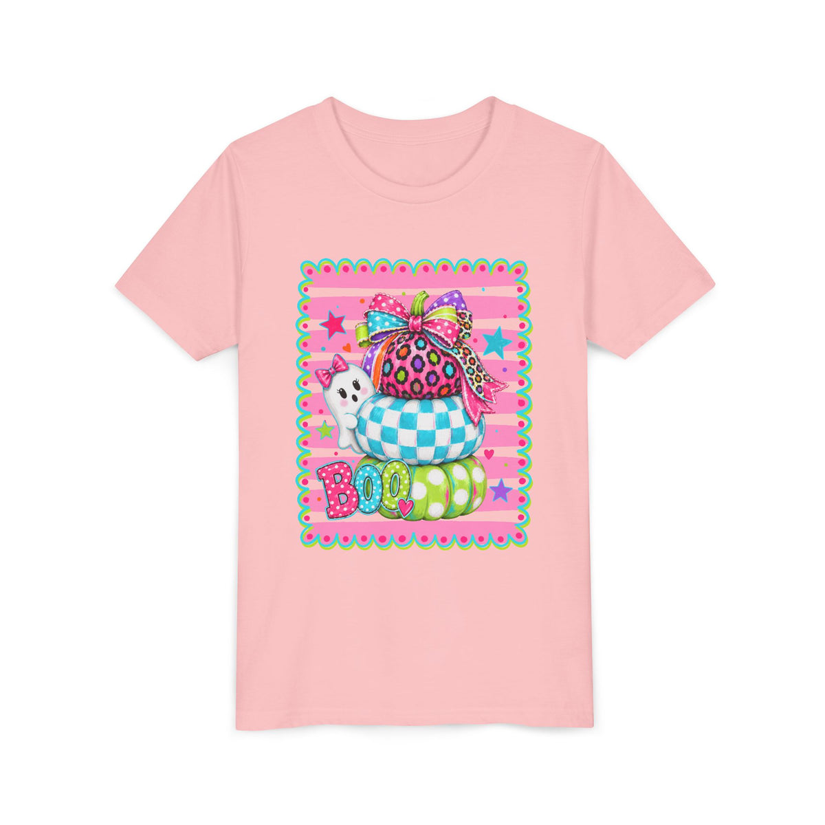 Youth Halloween Tee — Colorful Stacked Pumpkins with 'Boo' Ghost Design