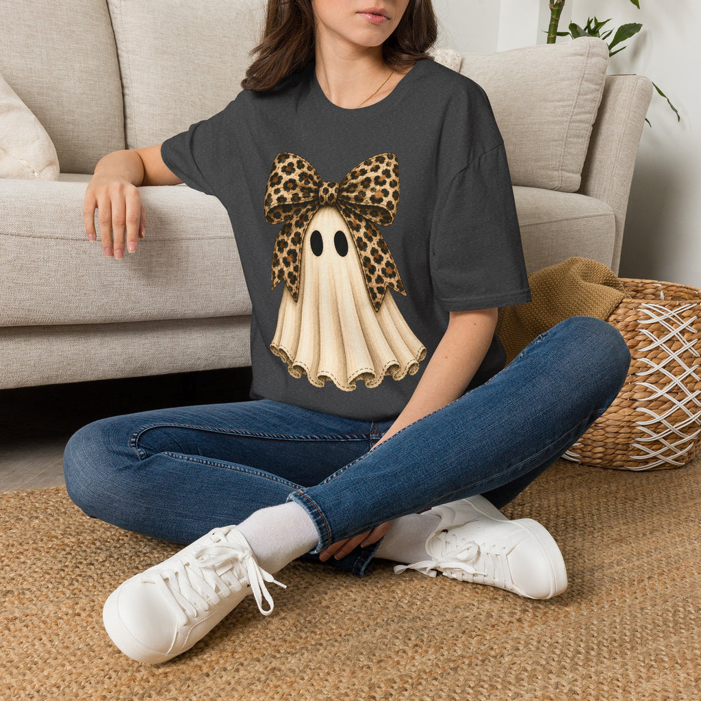 Ghost with Leopard Bow T-Shirt — Cute Halloween Shirt