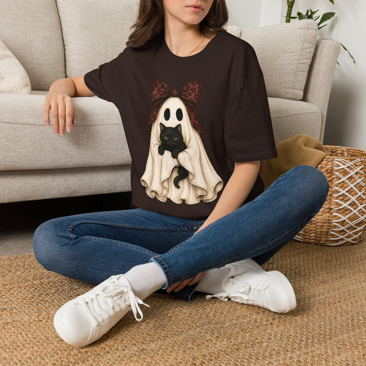 Ghost Costume Cat T-Shirt — Cute Halloween Ghost with Black Kitten