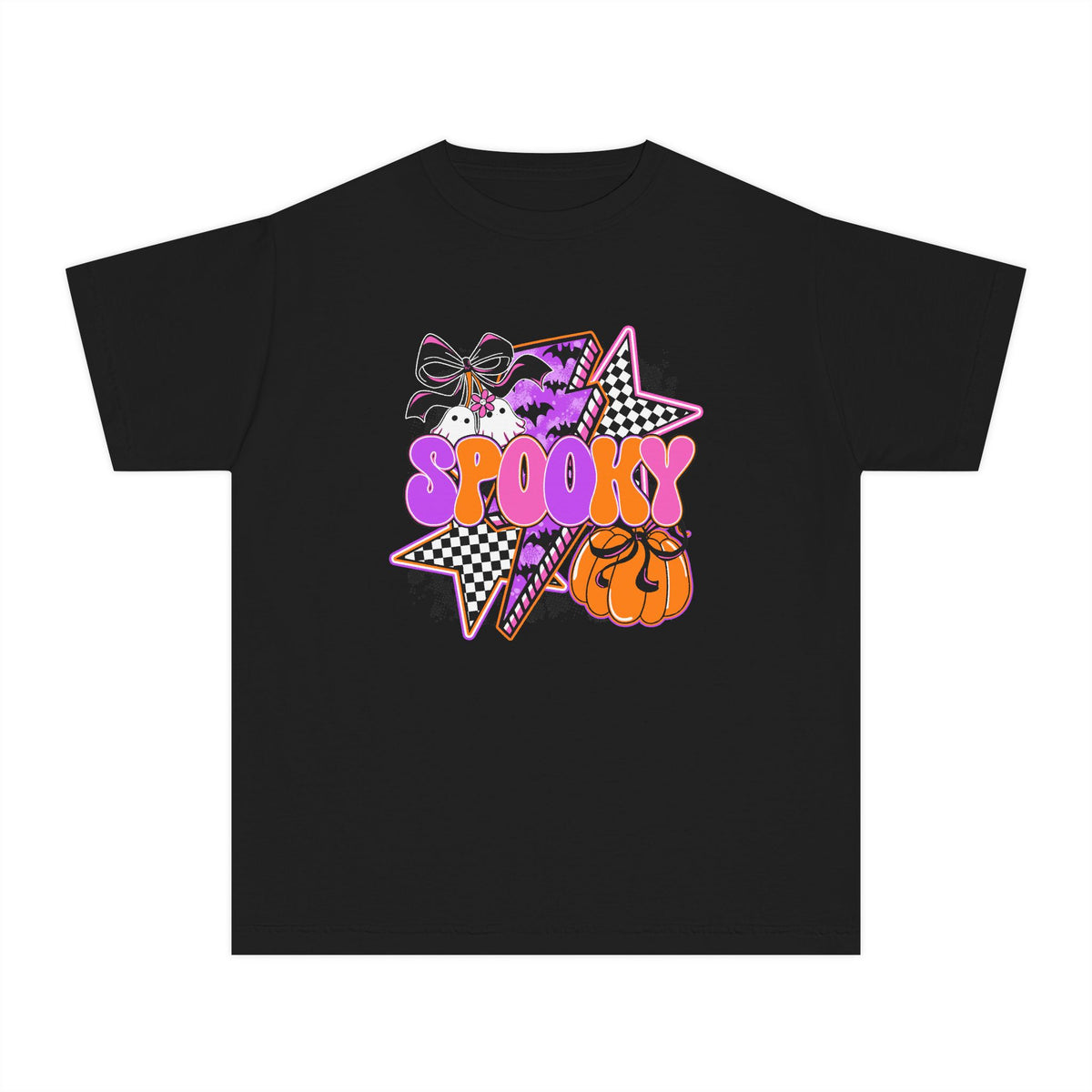 Youth Tee — 'Spooky' Halloween Graphic Shirt with Pumpkins & Stars