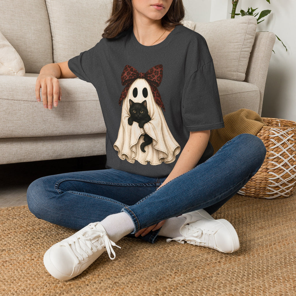 Ghost Costume Cat T-Shirt — Cute Halloween Ghost with Black Kitten