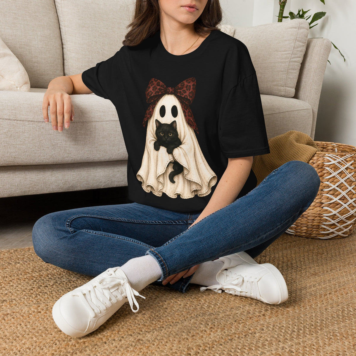 Ghost Costume Cat T-Shirt — Cute Halloween Ghost with Black Kitten