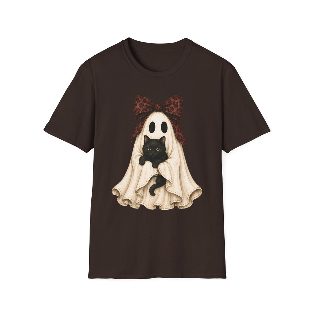 Ghost Costume Cat T-Shirt — Cute Halloween Ghost with Black Kitten