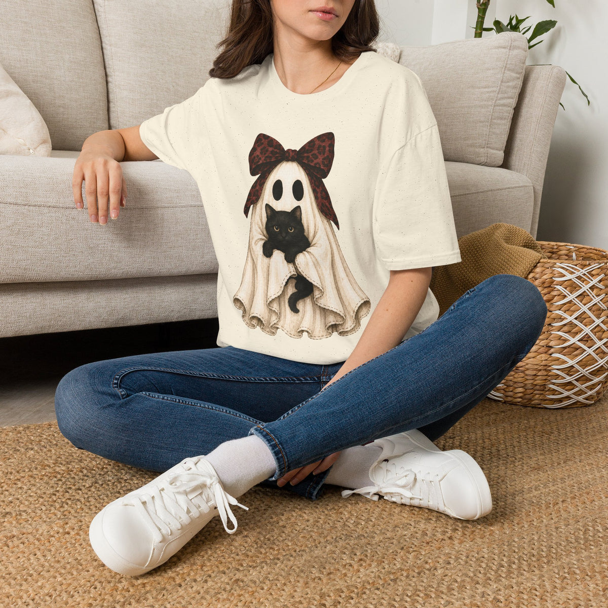 Ghost Costume Cat T-Shirt — Cute Halloween Ghost with Black Kitten
